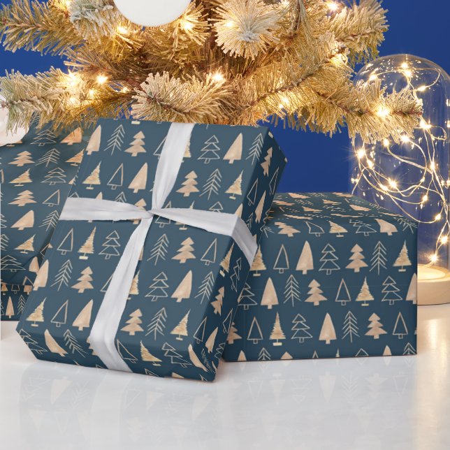 Cadeau Arbres de Noël d'or Papier d'enveloppement bleu nu (Vacances)