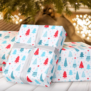 Cadeau Arbres de Noël papier d'emballage bleu rouge rose