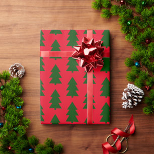 Cadeau Arbres de Noël verts papier d'enveloppement rouge