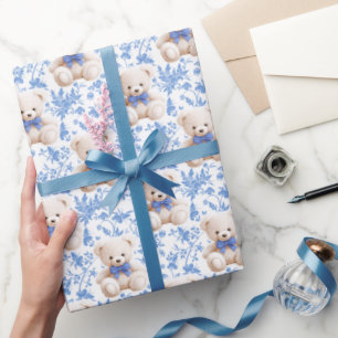 Cadeau Baby shower bleu marine en peluche papier d'emball