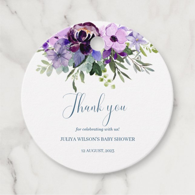 Cadeau baby shower fleuri violet Favoriser les étiquettes (Devant)