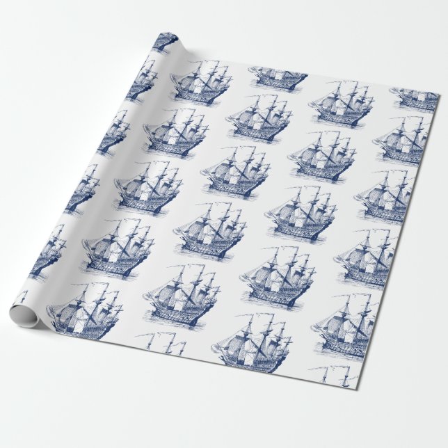 Cadeau Bateau à voile bleu marine 2 Motif Tissu Papier (Déroulé)