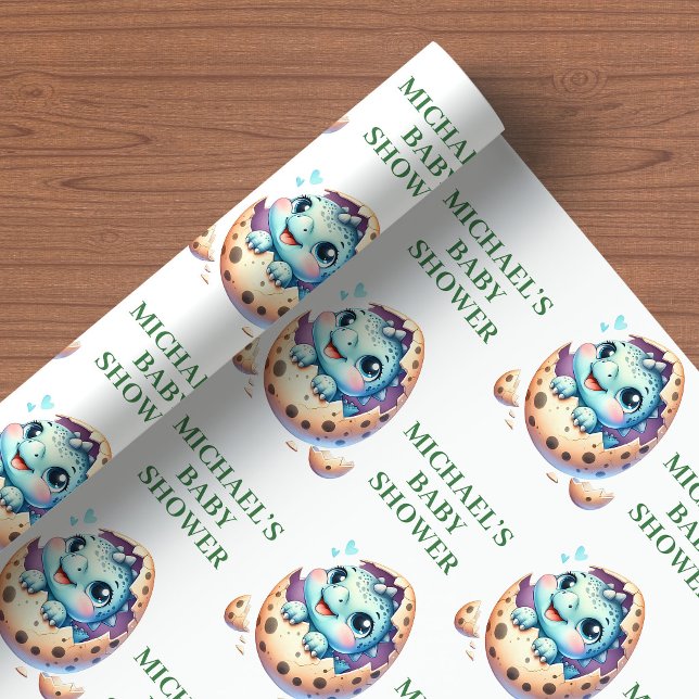 Cadeau Bientôt à l'éclosion Bébé Dino Mignon Papier d'emb (Hatching Soon Baby Dino Cute Shower Wrapping Paper)
