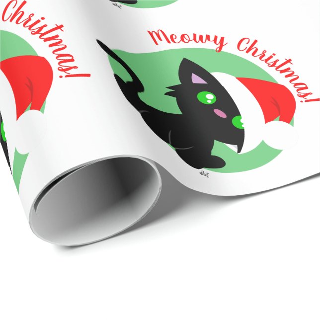 Cadeau Black Meowy Christmas Kitty Wrapper Papier (Coin rond)