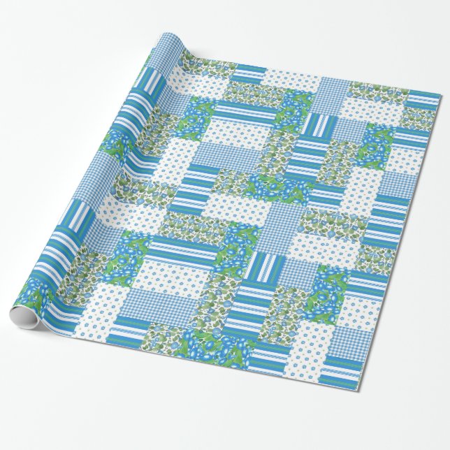 Cadeau Bleu Matin Glory Faux Patchwork Wrapwork Papier (Déroulé)