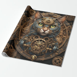 Cadeau bleu steampunk chat AI papier d'emballage art
