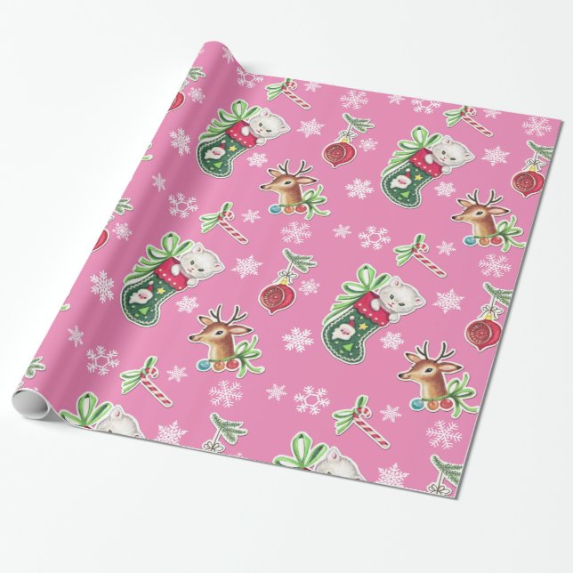 Cadeau Bonjour Kitten papier enveloppant Noël en rose (Déroulé)