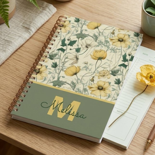 Cadeau Botanique de Fleurs Sauvages pour la Remise (Vintage yellow wildflower pattern notebook — a perfect graduation gift for her or teacher thank you.)