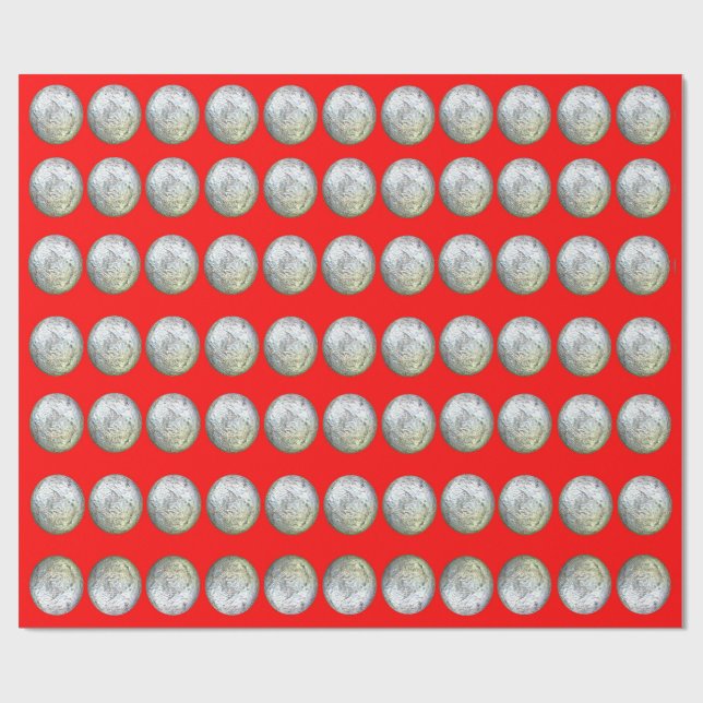 Cadeau Boules d'argent sur papier d'enveloppement rouge (Plat)