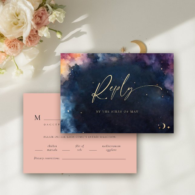 Cadeau céleste Midnight Blue Meal Wedding RSVP (celestial wedding rsvp meal card cosmic watercolor starry night sky galaxy universe navy blue peach)