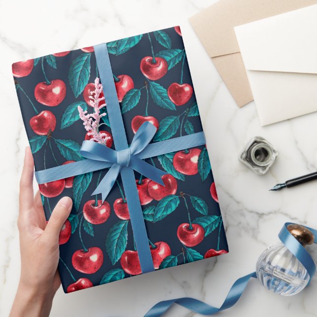 Cadeau Cerises rouges sur papier d'emballage bleu foncé (Cadeaux)