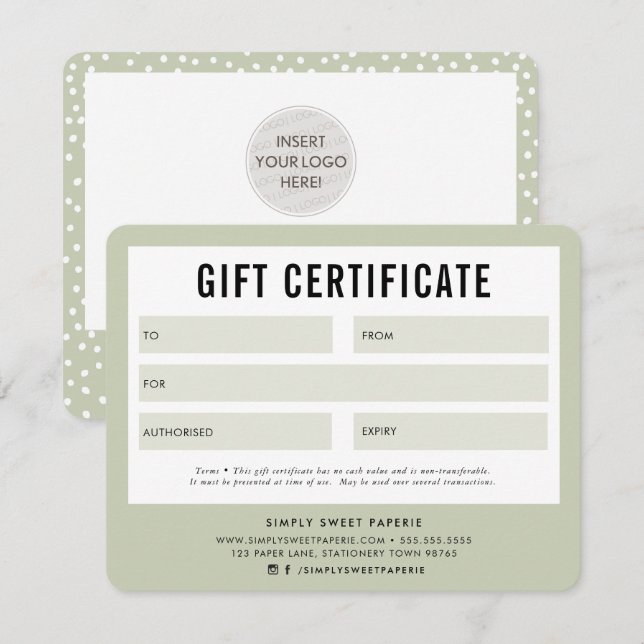 CADEAU CERTIFICAT joli business pale sauge vert (Devant / Derrière)