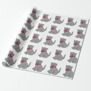Cadeau Chat gris avec le papier d'emballage d'arc rouge