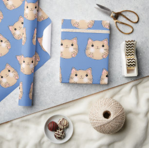 Cadeau Chat jaune sur papier d'emballage bleu fleur de ma