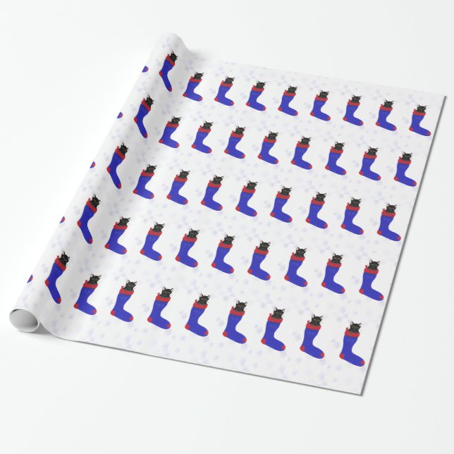 Cadeau Chat Noël Stocker Snowflakes Wrapping Papier (Déroulé)