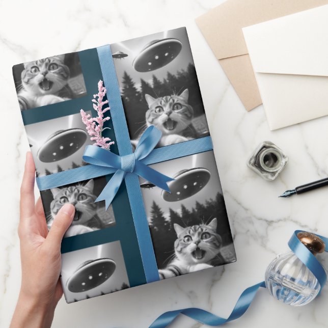 Cadeau Chat Selfie OVNI Papier Enveloppant Noël Drôle (Cadeaux)