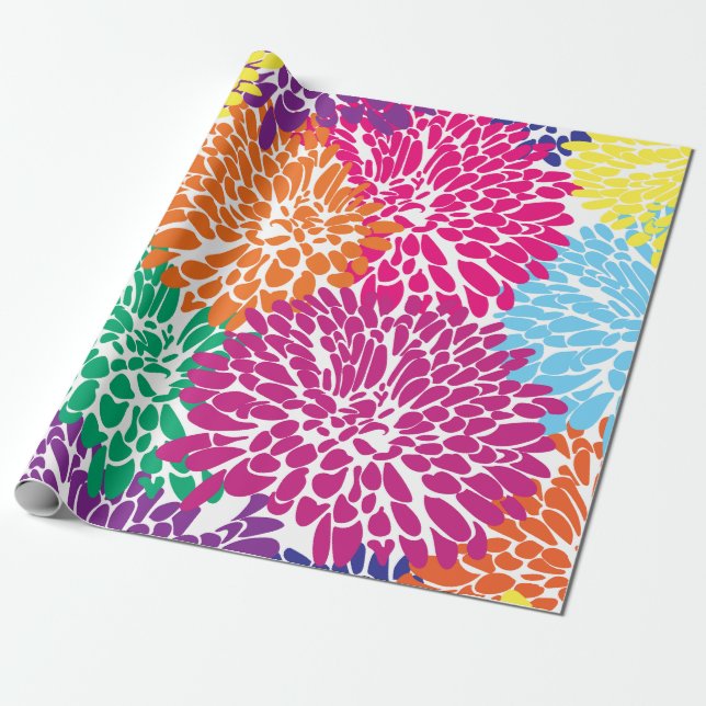 Cadeau chrysanthèmes multicolores sur papier d'emballage  (Déroulé)
