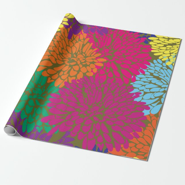 Cadeau chrysanthèmes multicolores sur papier d'emballage  (Déroulé)