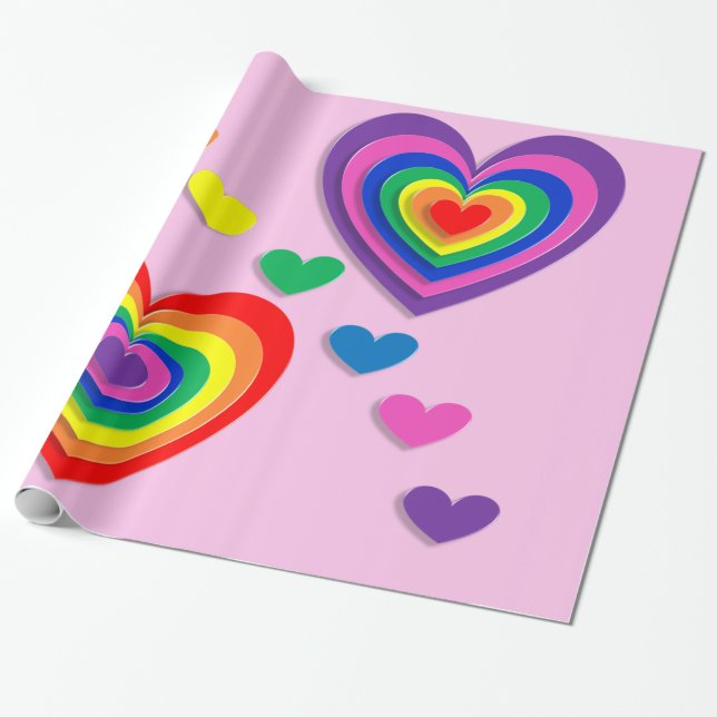 Cadeau Coeurs arc-en-ciel papier d'emballage (Déroulé)