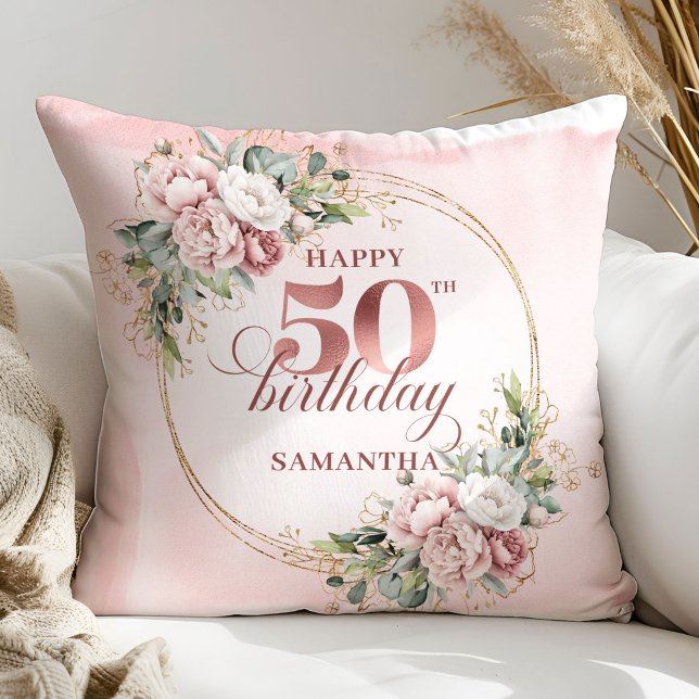 Cadeau Coussin 50e Anniversaire Rose Gold Féminin  (Feminine Rose Gold Floral 50th Birthday Pillow Gift)