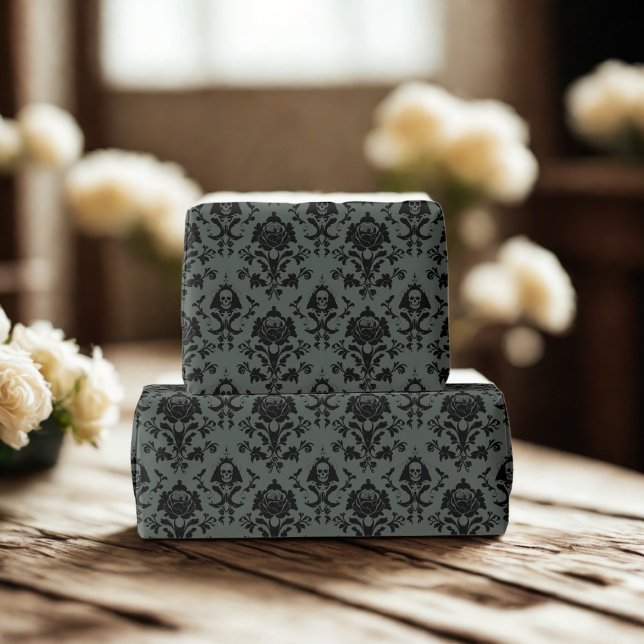 Cadeau Crâne gothique et papier d'enveloppement de Damas  (Elegant and romantic spooky gothic damask wrapping paper just for you)