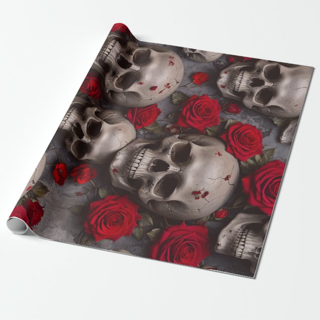 Cadeau Crânes Et Roses Rouges Enveloppant Du Papier (Déroulé)
