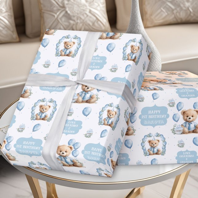 Cadeau Cute Bear Blue Boy Anniversaire Nom Papier d'envel (Cute Bear Blue Boy Birthday Name Wrapping Paper)