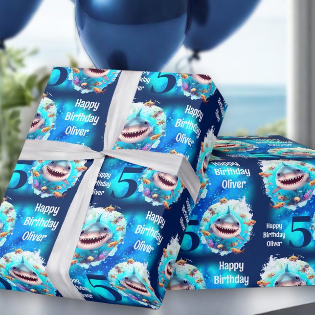 Cadeau Cute Shark Boy Anniversaire Nom du texte Papier d' (Cute Shark Boy Birthday Text Wrapping Paper)