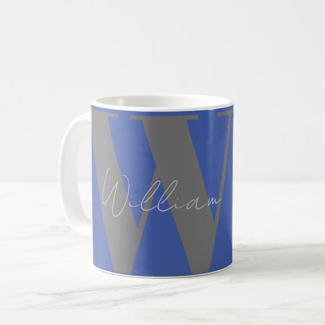 cadeau de lui Monogram nom bleu gris élégant tasse (Devant gauche)