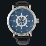 Cadeau de montre Nautique personnalisé pour hommes<br><div class="desc">Cadeau de montre Nautical personnalisé pour hommes femmes et enfants. Montres à poignet maritime avec logo de roue de navire et couleur arrière - plan personnalisable. Ajoutez vos propres initiales de nom en option. Idée cadeau d'anniversaire cool pour capitaine de bateau, marin, premier maté, femme de marin, enfants (garçon ou...</div>