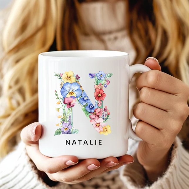 Cadeau de mug à l'alphabet floral personnalisé pou (Custom Monogram Name Mug for Mom or Bridesmaids, Custom Floral Alphabet Mug for Teacher or Nurse)