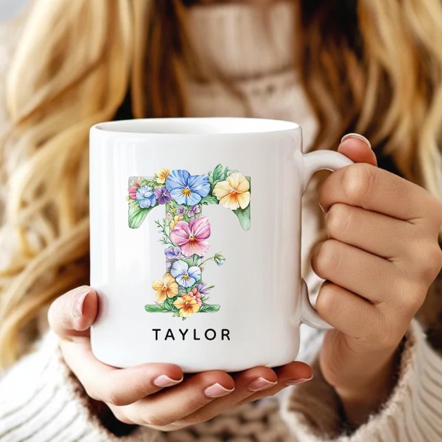 Cadeau de mug à monogramme floral personnalisé pou (floral alphabet mug gift for her, custom mug birthday gift wife, floral monogram graduation for girl)