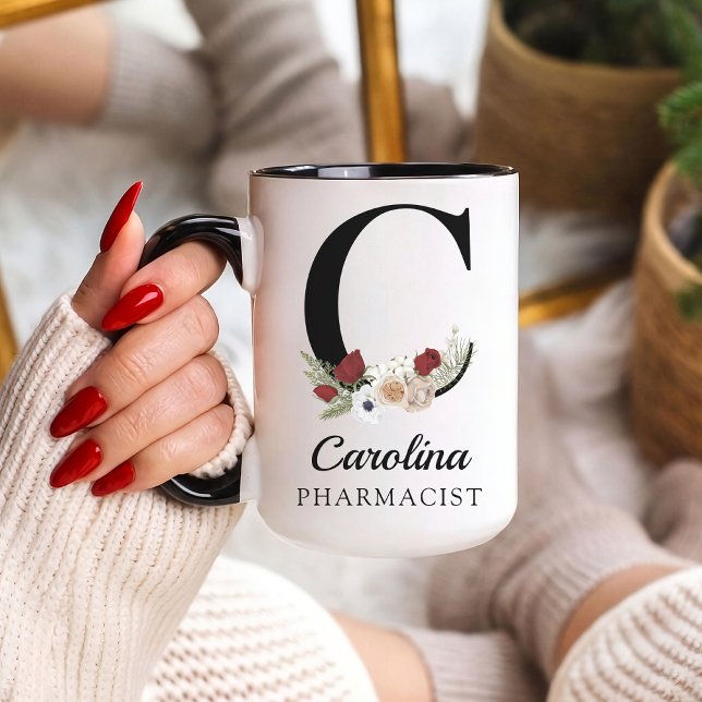 Cadeau de mug à monogramme floral personnalisé pou (Personalized Floral Alphabet Mug Gift for Mom, Teacher, Nurse, Doctor, Coworker, Boss or Bridesmaid)