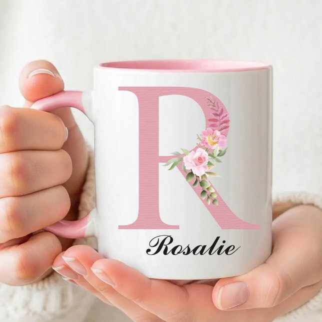 Cadeau de mug monogramme avec roses roses personna (Personalized Rose Mug Christmas Gift for Her, Floral Monogram Coffee Mug Thank You Gift for Her)