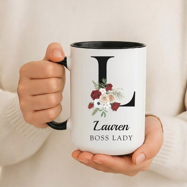 Cadeau de mug personnalisé avec initiale florale é (Personalized Monogram Floral Alphabet Mug for Mom, Grandma, Teacher, Nurse, Lawyer or Bridesmaid)
