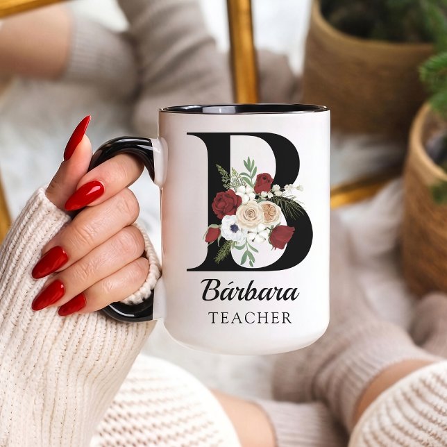Cadeau de mug personnalisé avec monogramme floral  (Personalized Floral Alphabet Mug Gift for Teacher, Nurse, Doctor, Coworker, Boss, and Bridesmaid)