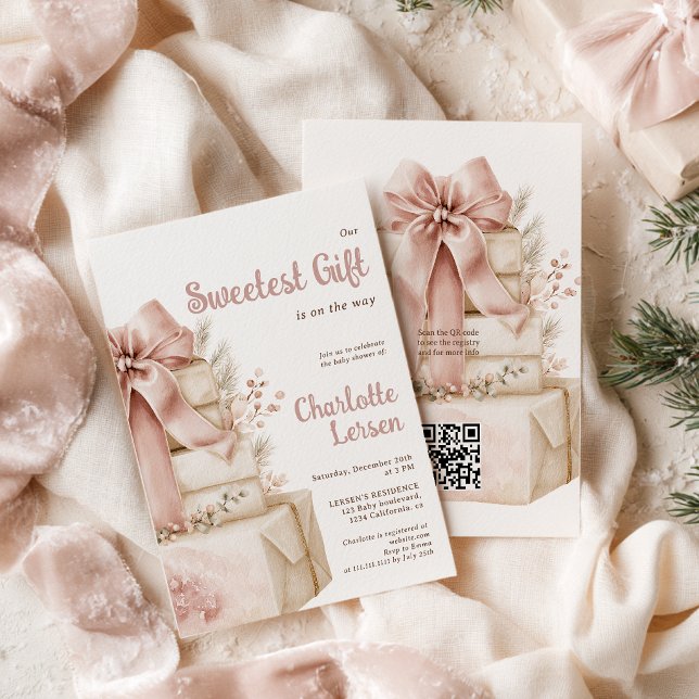 Cadeau de Noël le plus doux Fille Invitation de Ba (Sweetest Gift Christmas Girl Winter Baby Shower QR Invitation)