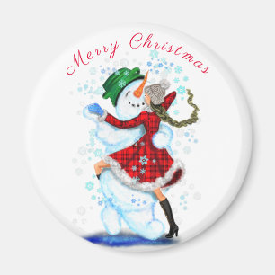 Cadeau de Noël Magnet Snowman and Girl Dance