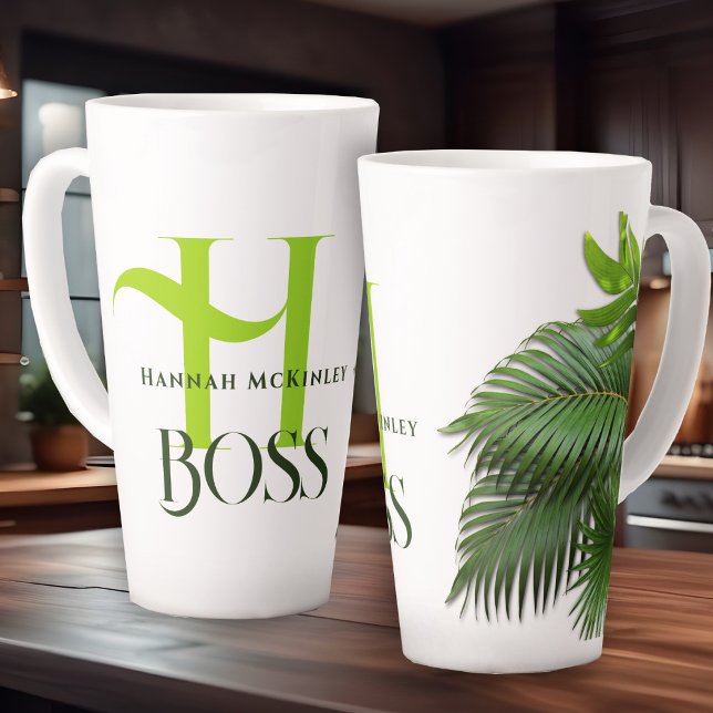 Cadeau de patron Palmiers Monogramme Vert Mug Latt (Créateur téléchargé)