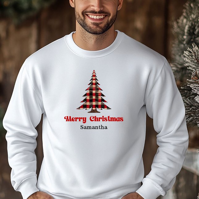 Cadeau de sweat à capuche personnalisé avec plaid  (Modern Custom Name Plaid Tree Christmas Hoodie Gift)