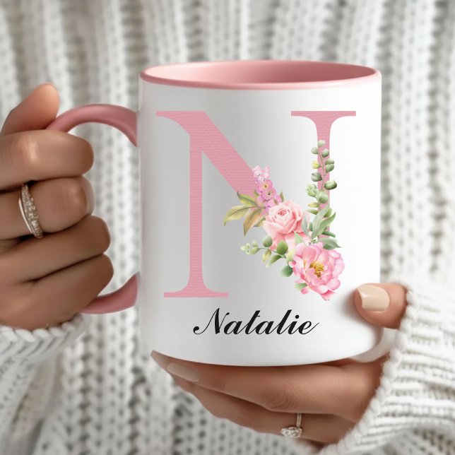 Cadeau de Tasse à Monogramme Floral Rose Rose Pers (Personalized Floral Mug Christmas Gift for Her, Pink Rose Monogram Mug Bridal Shower Gift for Her)