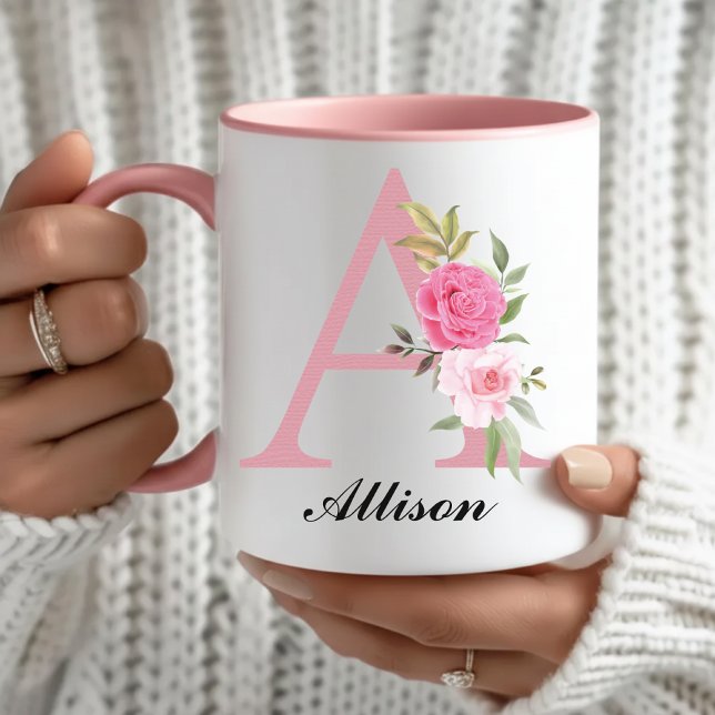 Cadeau de tasse personnalisé à monogramme floral r (Custom Pink Floral Monogram Mug Gift for Her, Wildflower Initial Name Mug Birthday Gift for Mom)