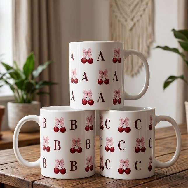 Cadeau de tasse personnalisée avec initiale et mot (Personalized initial coquette cherry birthday | graduation | wedding | bachelorette party mug gift)