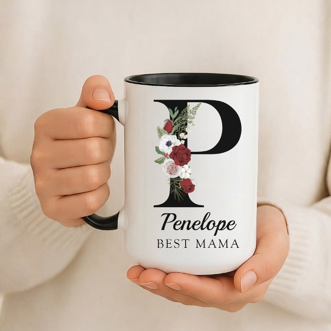 Cadeau de tasse personnalisée avec initiale floral (Personalized Monogram Floral Alphabet Mug for Mom, Grandma, Teacher, Nurse, Lawyer or Bridesmaid)