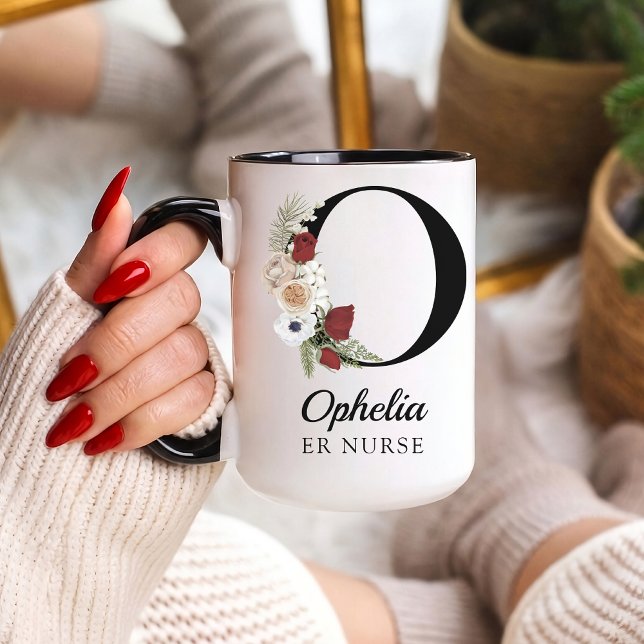 Cadeau de Tasse Personnalisée avec Initiale Floral (Personalized Monogram Floral Alphabet Mug for Mom, Grandma, Teacher, Nurse, Lawyer or Bridesmaid)
