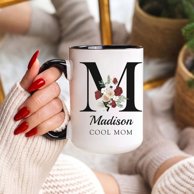 Cadeau de Tasse Personnalisée avec Initiale Floral (Personalized Monogram Floral Alphabet Mug for Mom, Grandma, Teacher, Nurse, Lawyer or Bridesmaid)