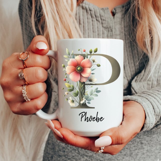 Cadeau de tasse personnalisée avec monogramme de f (floral monogram cup, wildflower initial cup, custom mug for coworker, monogram gift for friend,)