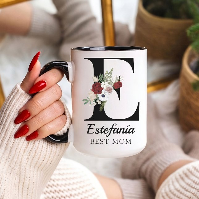 Cadeau de tasse personnalisée avec monogramme flor (Personalized Floral Alphabet Mug Gift for Mom, Teacher, Nurse, Doctor, Coworker, Boss or Bridesmaid)