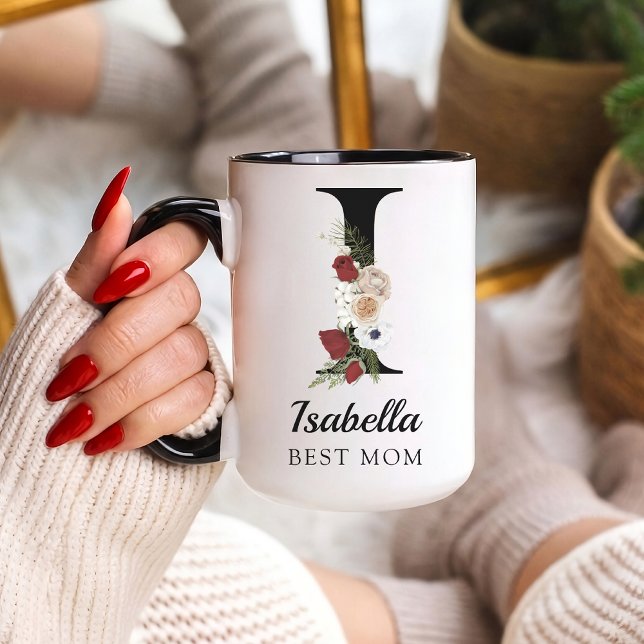 Cadeau de tasse personnalisée avec monogramme flor (Personalized Floral Alphabet Mug Gift for Mom, Teacher, Nurse, Doctor, Coworker, Boss or Bridesmaid)