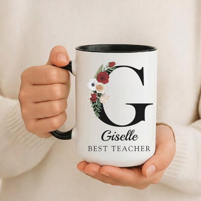 Cadeau de tasse personnalisée avec monogramme flor (Personalized Floral Alphabet Mug Gift for Mom, Teacher, Nurse, Doctor, Coworker, Boss or Bridesmaid)